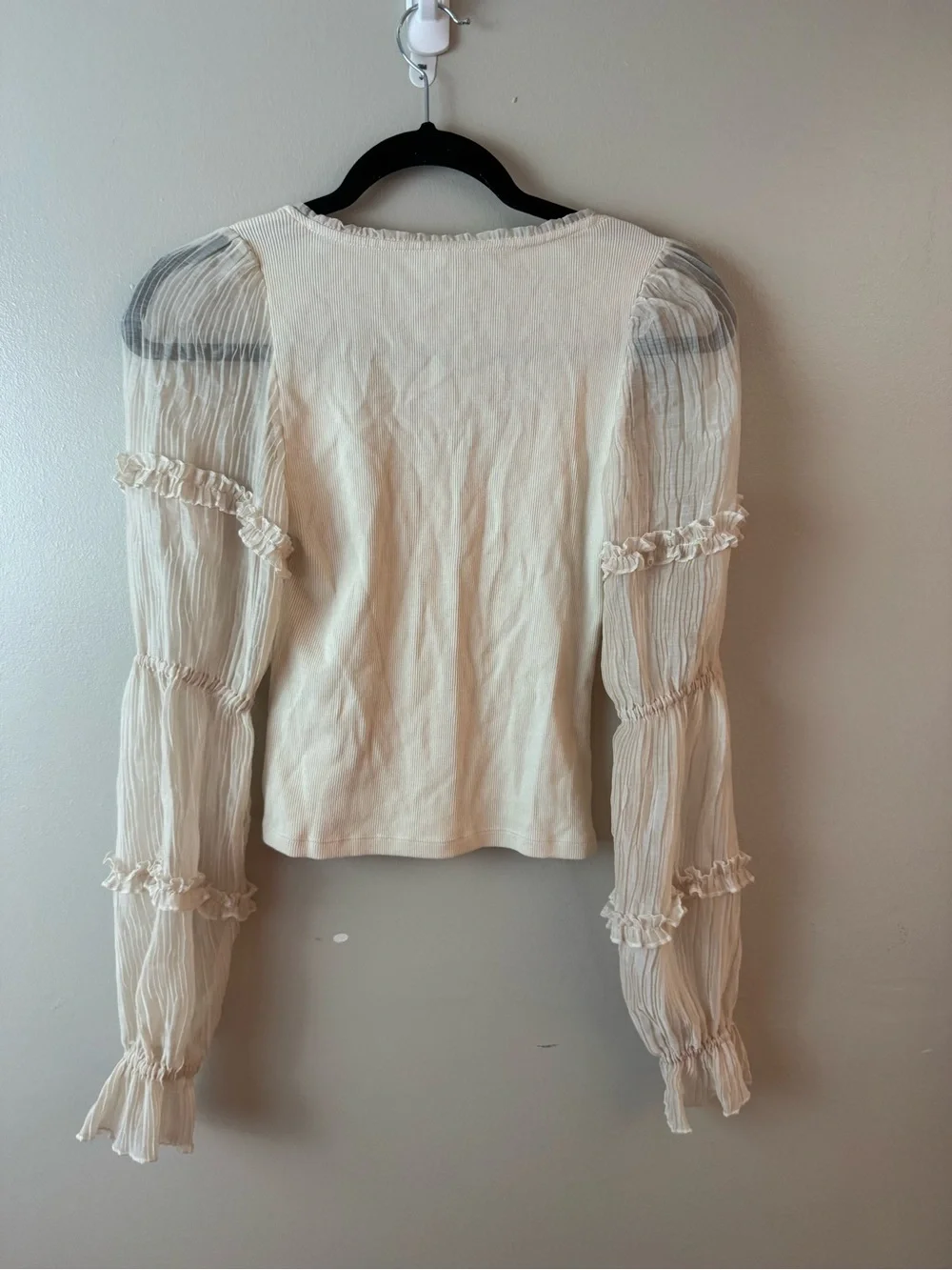 Anthropologie Cream Sheer-Puff Sleeve Blouse XXS Boho Cottagecore Folk